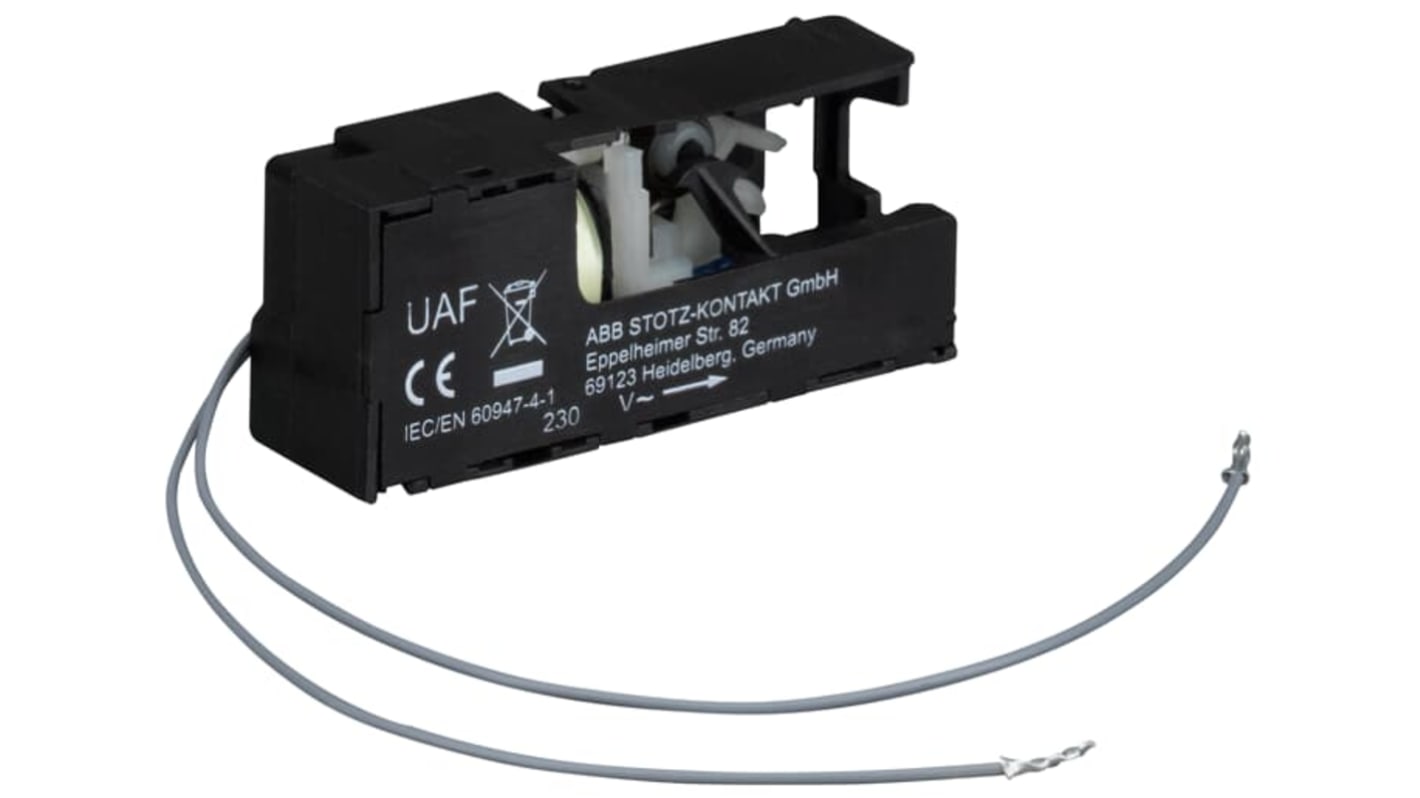 ABB UAF-230, dispositivo di rilascio sottotensione per motorini di avviamento manuali, alimentazione 230 V, operante da -20 a +50 °C.