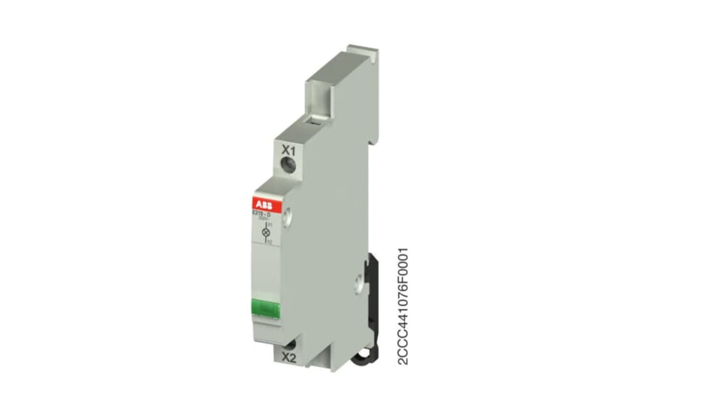 Indicatore LED ABB E219-D48 T, montaggio a pannello, 48V, verde, forma rettangolare, grado di protezione IP20.