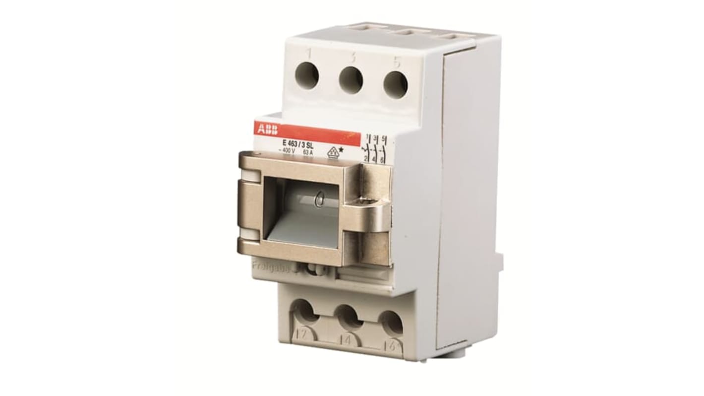 Sezionatore con interruttore ABB E463/3SL, 3 poli, 63 A, montaggio su guida DIN, grado di protezione IP20, colore grigio.
