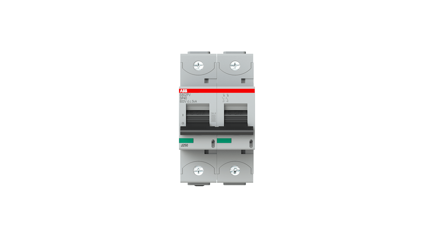 Interruttore magnetotermico ABB S802PV-SP40, 2 poli, 40A, 5 kA, montaggio su guida DIN, grado di protezione IP20.