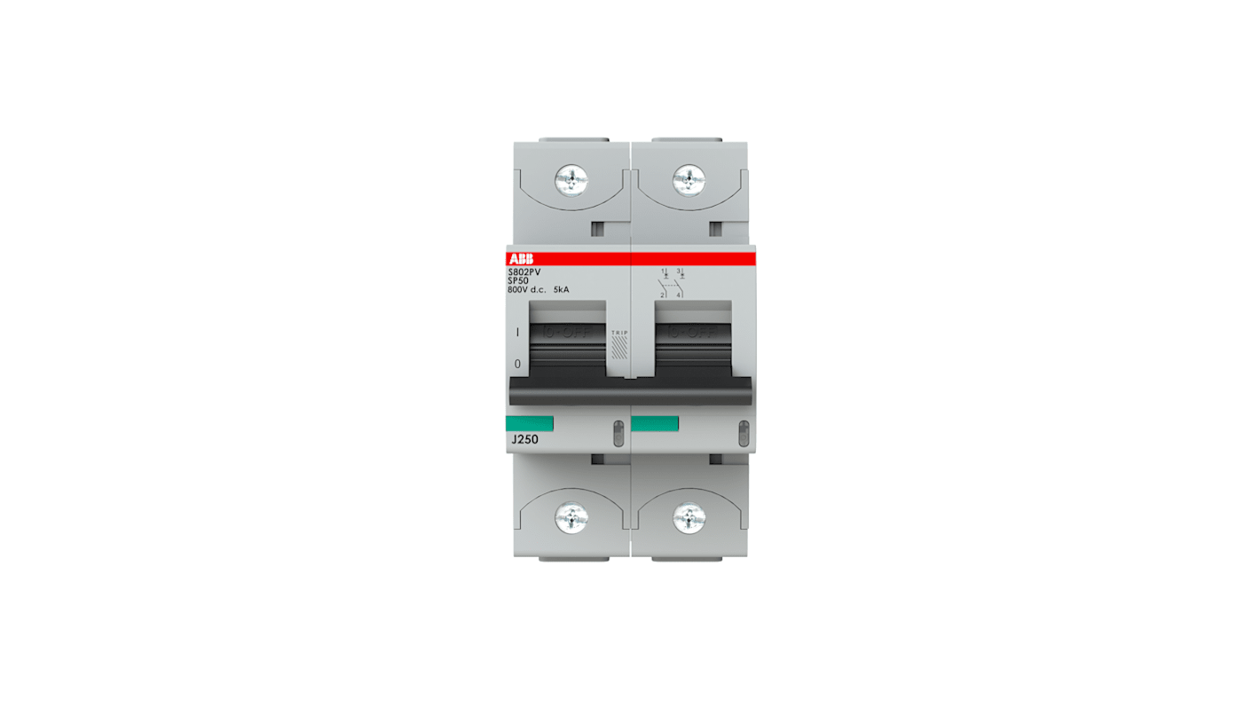 Interruttore magnetotermico ABB S802PV-SP50, 2 poli, 50A, 5 kA, montaggio su guida DIN, grado di protezione IP20.