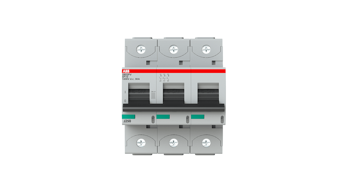 Interruttore magnetotermico ABB S803PV-SP10, 3 poli, 10A, 5kA, montaggio su guida DIN, grado di protezione IP20.