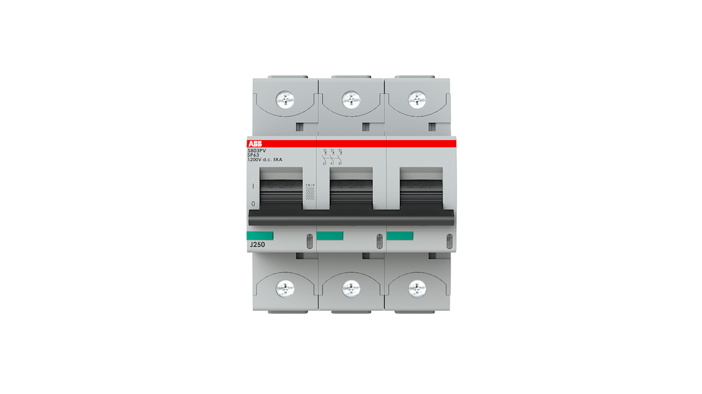 Interruttore magnetotermico ABB S803PV-SP63, 3 poli, 63A, 5 kA, montaggio su guida DIN, grado di protezione IP20.