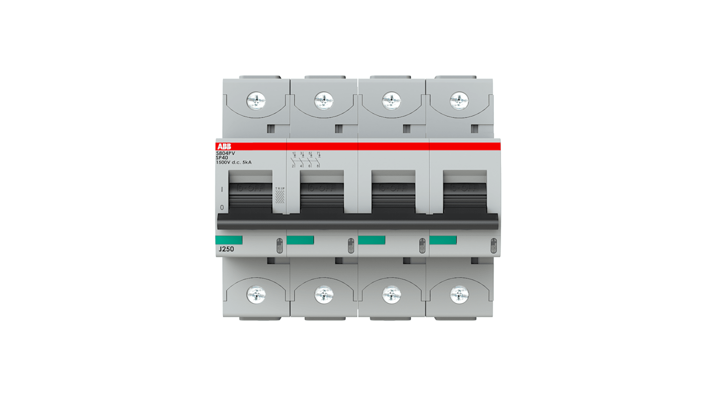 Interruttore magnetotermico ABB S804PV-SP40, 4 poli, 40A, montaggio su guida DIN, capacità di interruzione 5kA, IP20.