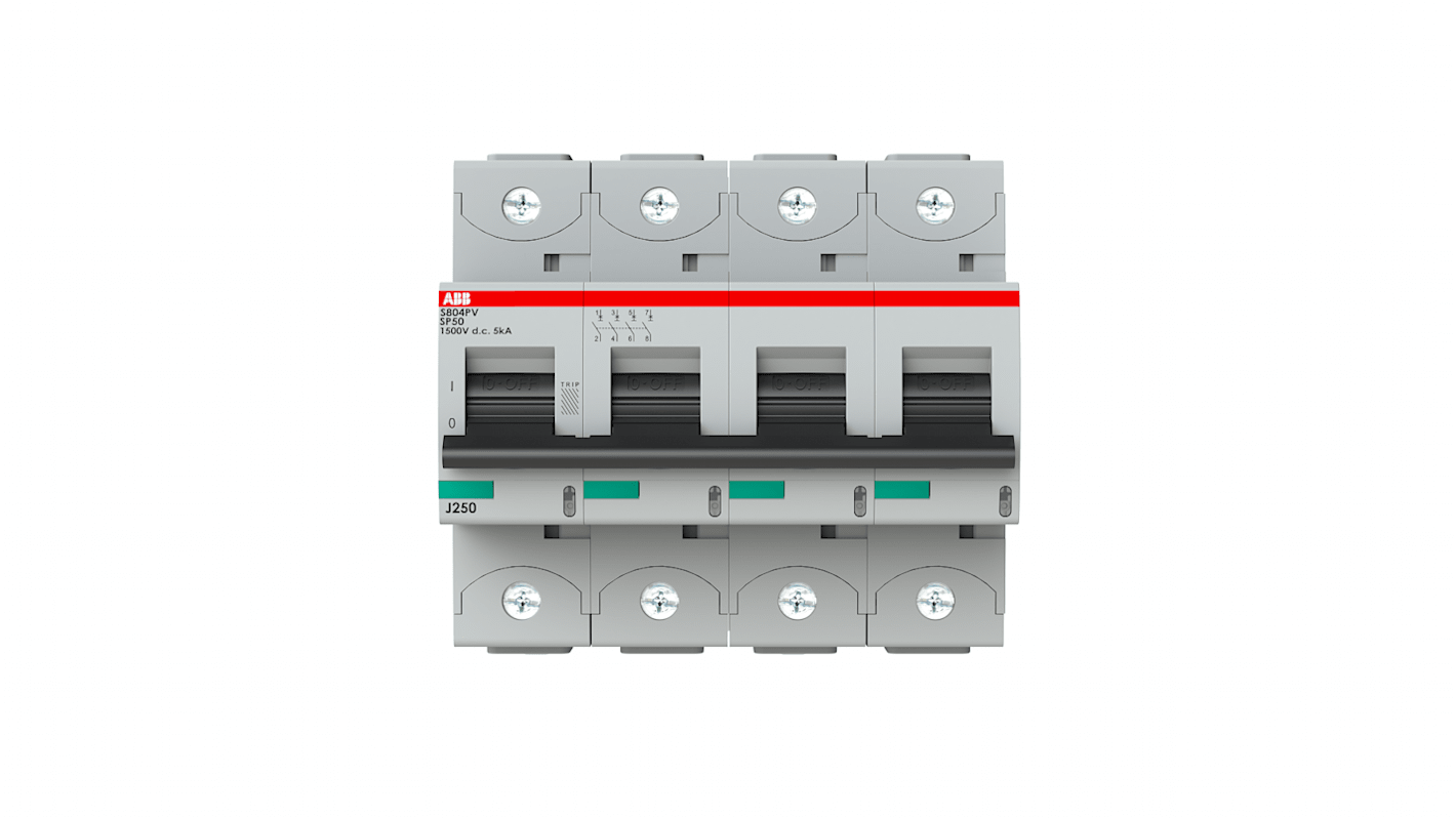 Interruttore magnetotermico ABB S804PV-SP50, 4 poli, 50A, montaggio su guida DIN, capacità di interruzione 5kA, IP20.