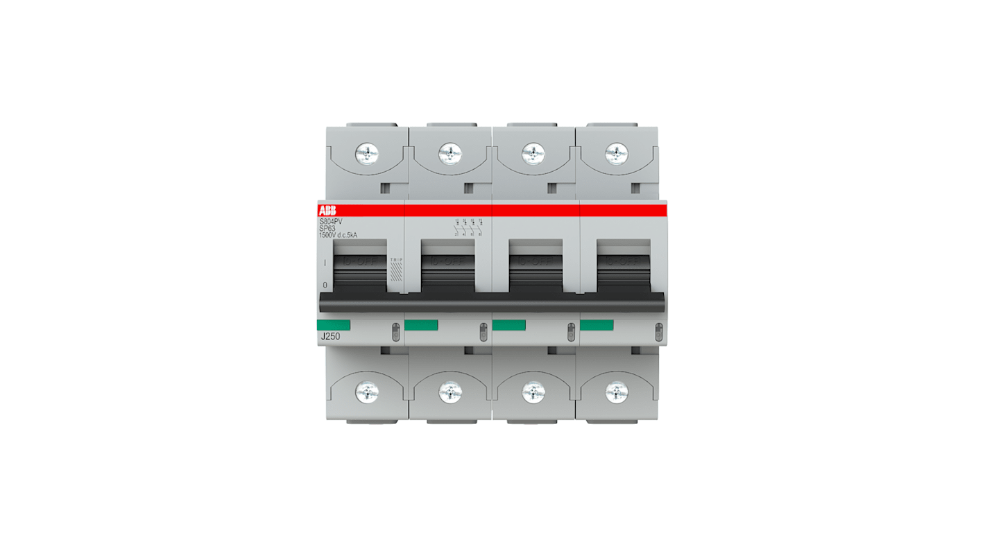 Interruttore magnetotermico ABB 4 poli, 63A, Tipo B, montaggio su guida DIN, capacità di interruzione 5kA, IP20.