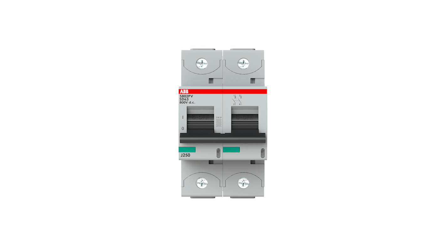 Interruttore magnetotermico ABB S802PV-SD63, 2 poli, 63A, montaggio su guida DIN, capacità di interruzione 1,5 kA, IP20.