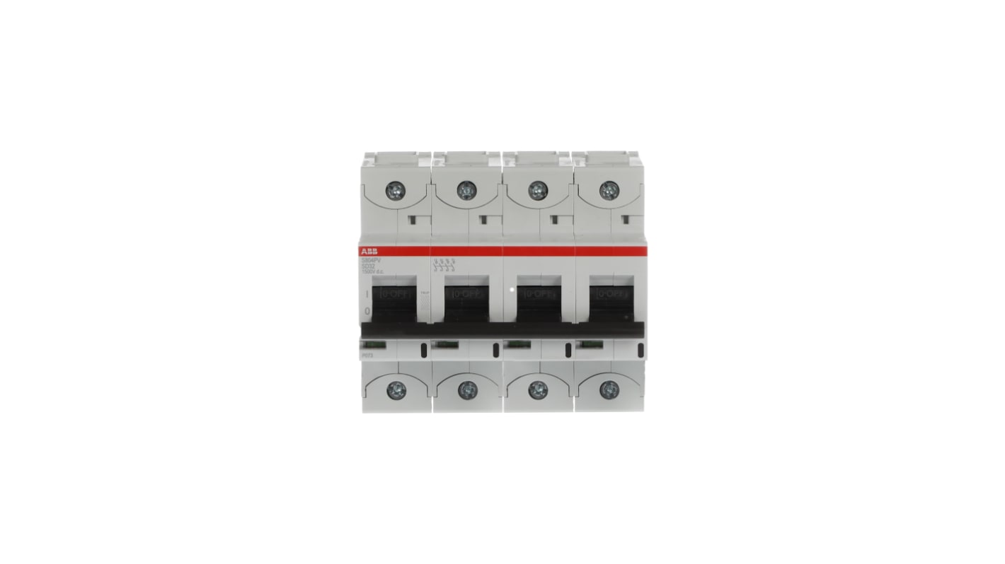 Interruttore magnetotermico ABB S804PV-SD32, 4 poli, 32A, montaggio su guida DIN, protezione IP20, interruzione 1,5 kA.