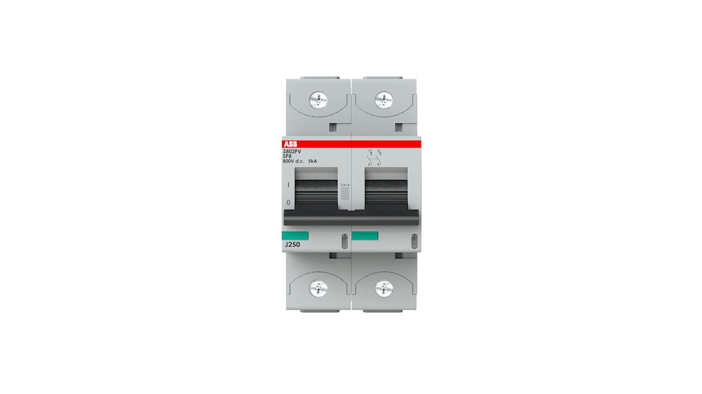 Interruttore magnetotermico ABB S802PV-SP8, 2 poli, 8A, montaggio su guida DIN, capacità di interruzione 5 kA, IP20.