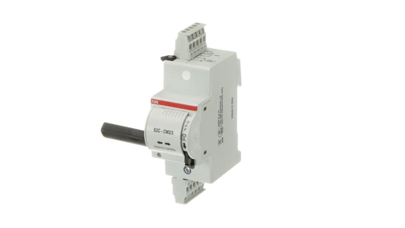 Operatore motore ABB S200, alimentazione 12 V, compatibile con MCB fino a 63A, per controllo a distanza in applicazioni industriali.