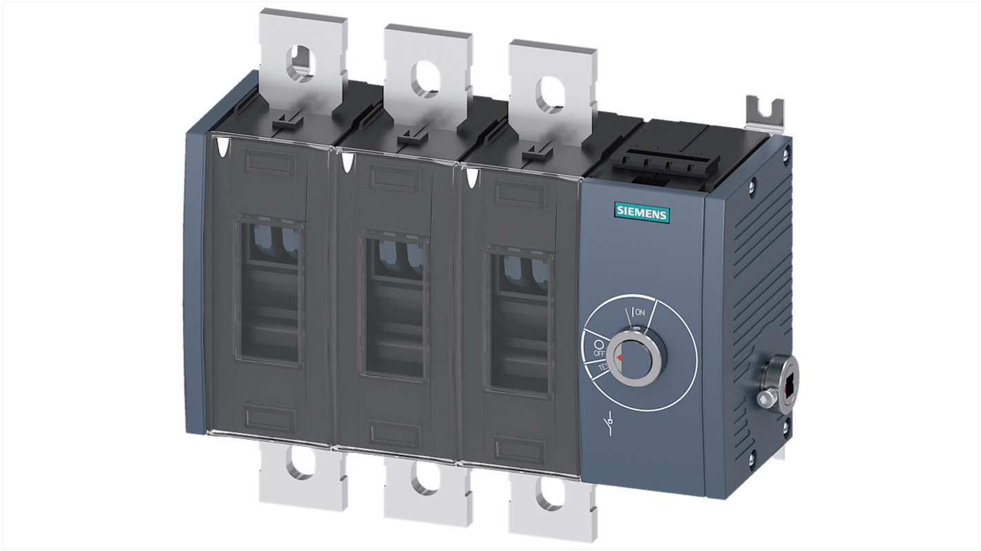 Sezionatore con interruttore Siemens 3KD, 3 poli, 630A, montaggio superficiale, classe di protezione IP00.