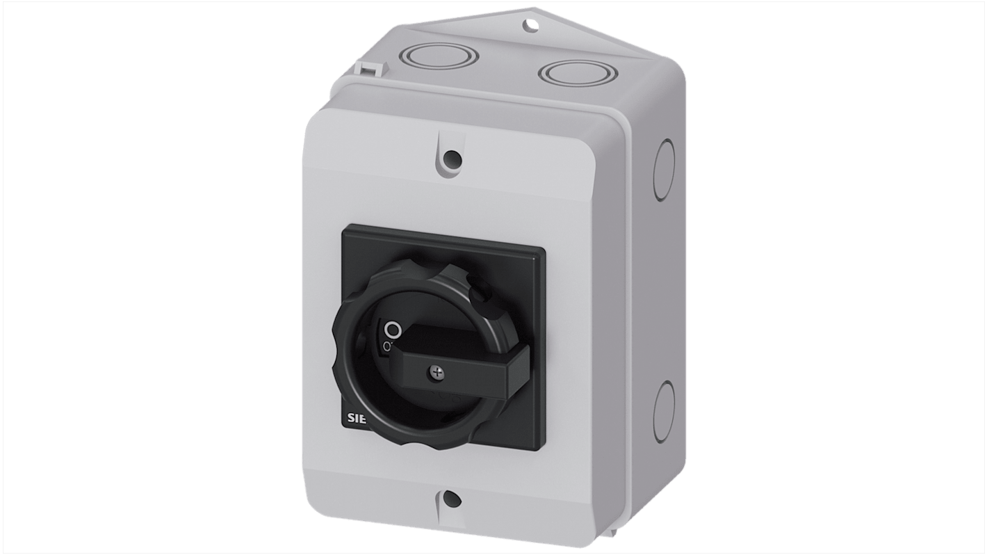 Sezionatore interruttore Siemens 3LD2264-1TC51, 4 poli, 32A, fusibile RK5, grado di protezione IP65, manopola rotante corta.