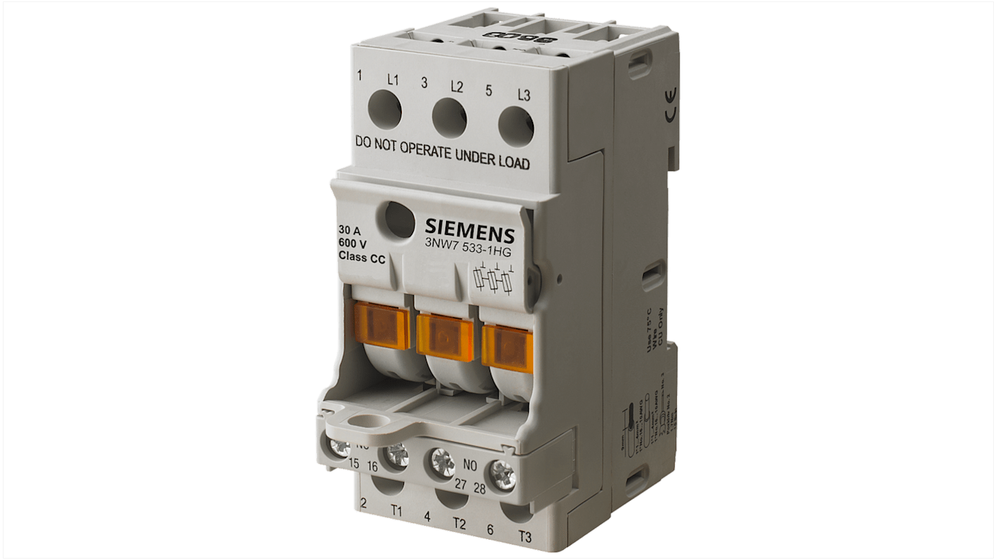 Contatto ausiliario Siemens 3NW7903-1, 2 contatti (1NC/1NA), tensione 250V, dimensioni 9x83x64mm, per portafusibili compatti.