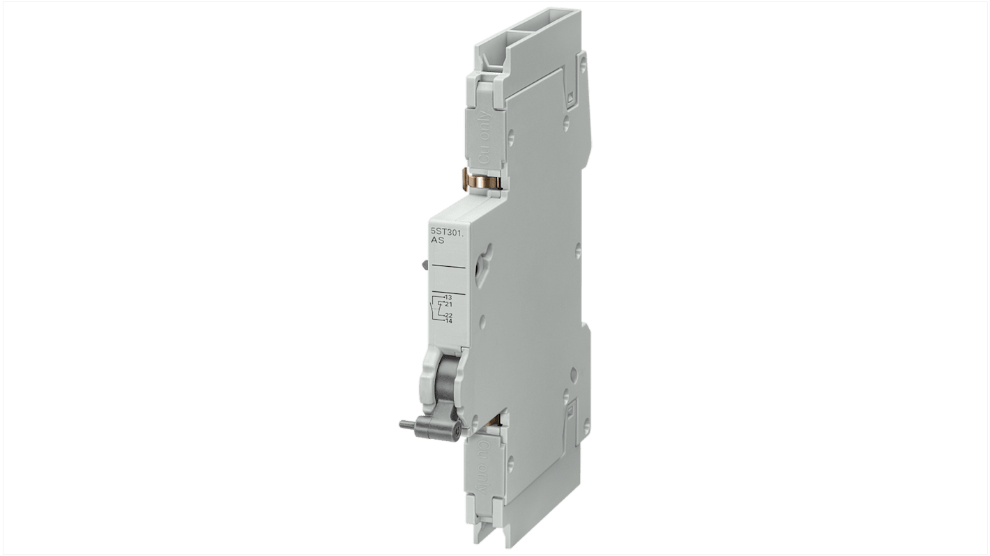 Contatto ausiliario Siemens 5ST3011-0HG, 2 contatti NA, tensione 440 V, dimensioni 9x110x70 mm, grado di protezione IP20.