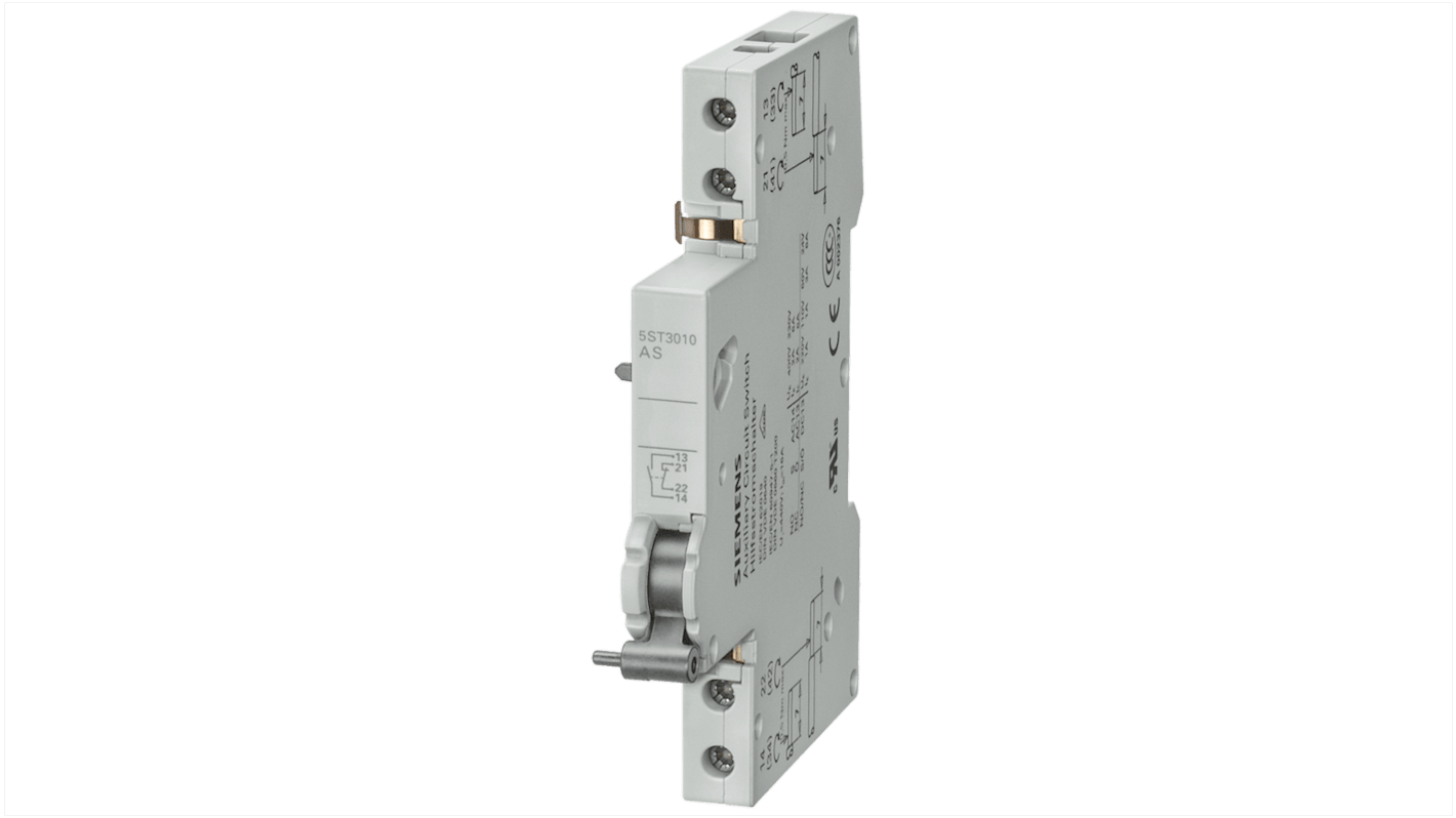 Interruttore ausiliario Siemens 5ST3014 per interruttori miniaturizzati. Contatti 2NO, tensione 30V, protezione IP20. Ideale per applicazioni industriali.