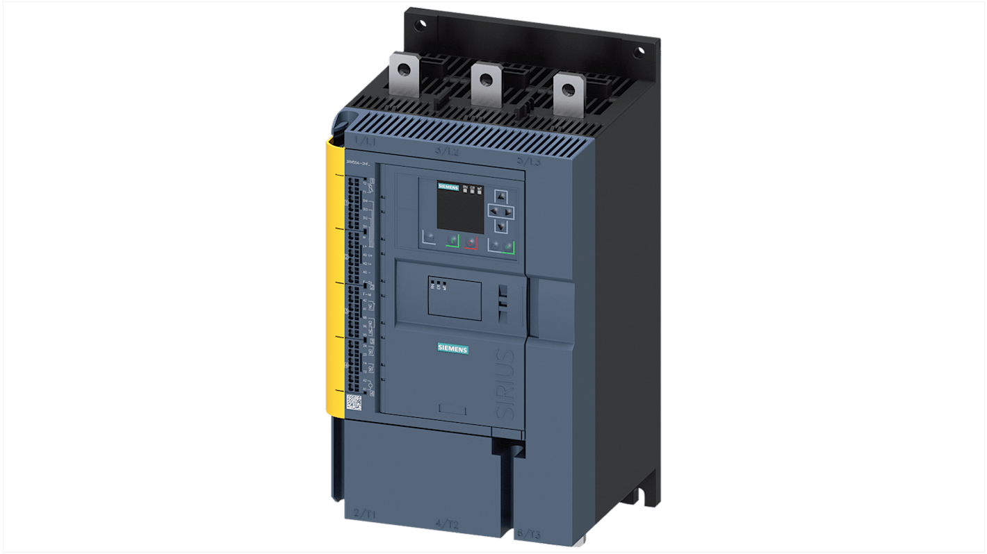 Avviatore soft-start Siemens 3RW5548-2HF04, 3 fasi, 570 A, 160 kW, montaggio verticale, dimensioni 393x210x203 mm.