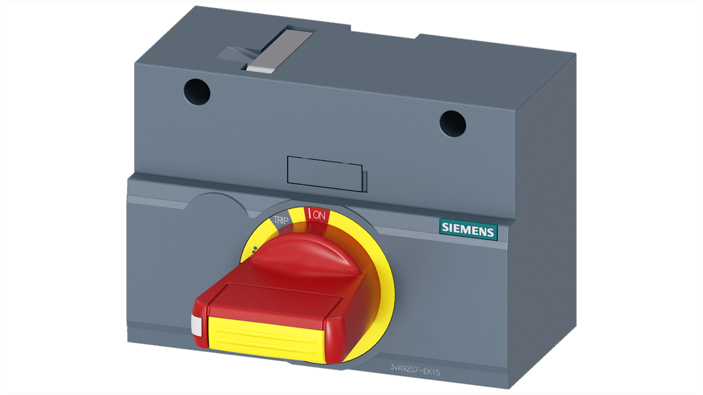 Manopola rotante Siemens 3VA9257-0EK15 per arresto di emergenza, compatibile con 3VA1, dimensioni 75 x 105 mm, grado di protezione IP30.
