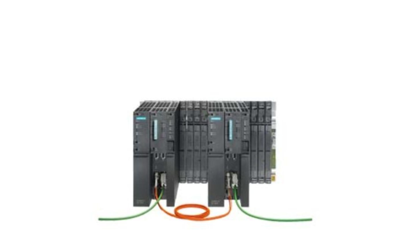 CPU PLC Siemens 6ES7400-0HR03-4AB0, SIMATIC S7-400H, sistema H con moduli di sincronizzazione e schede di memoria.