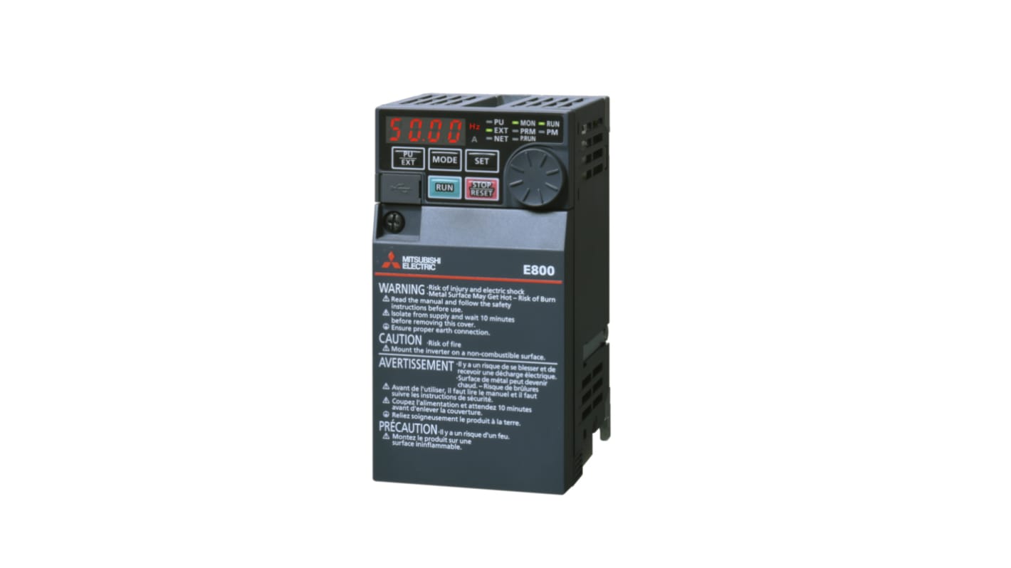 Modulo inverter Mitsubishi Electric FR-E820S-0008-4-60, 0,1 kW, 240 V, 1 fase, con display e comunicazione RS-485.