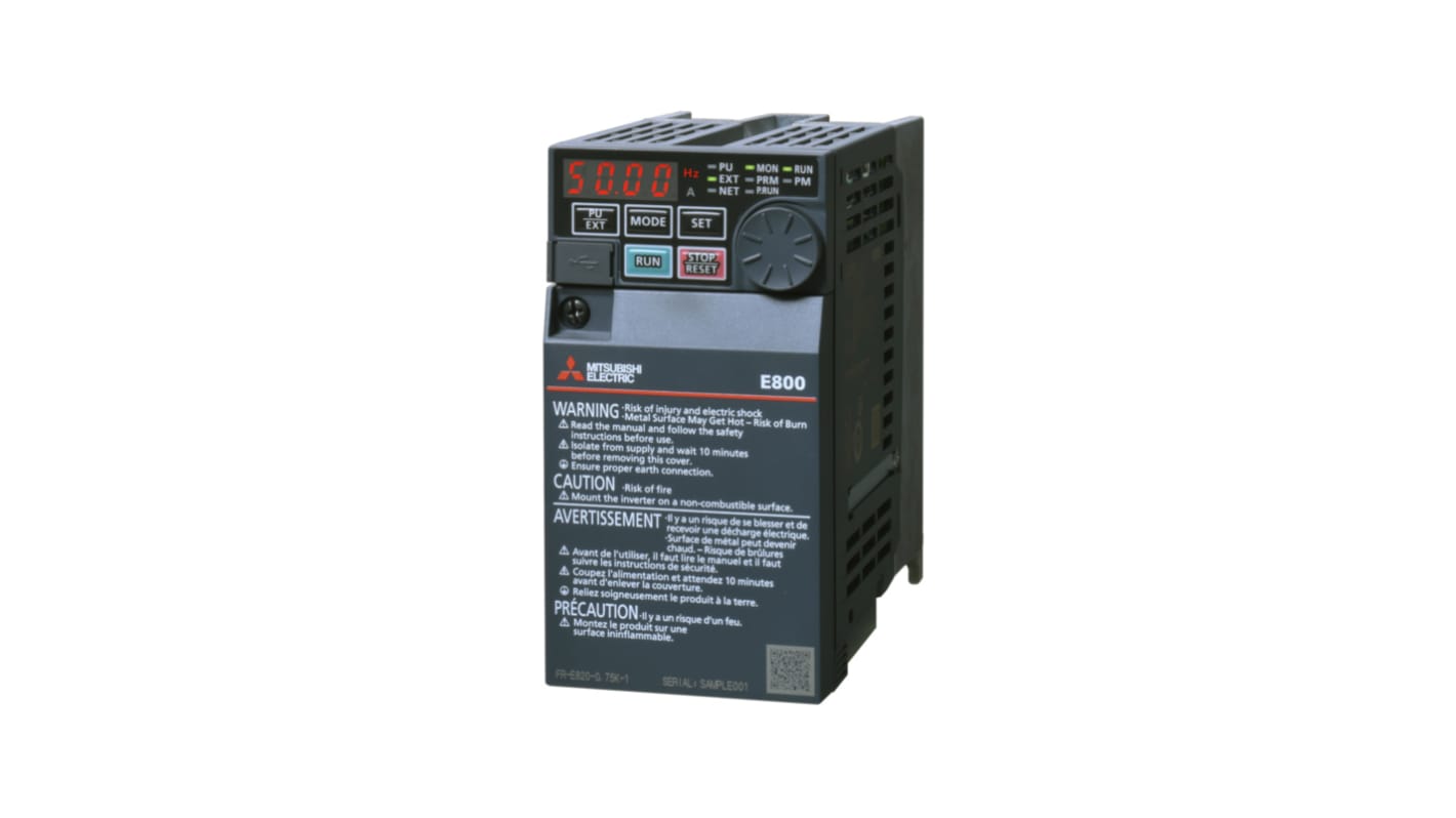 Modulo inverter Mitsubishi Electric FR-E820S-0030-4-60, 0,4 kW, 240 V, 1 fase, con display e comunicazione RS-485.