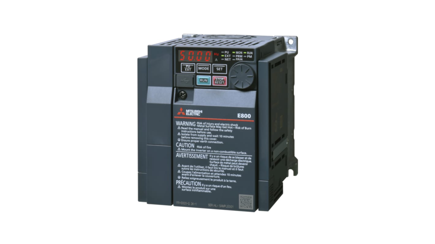 Modulo inverter Mitsubishi Electric FR-E820S-0080-460, 1,5 kW, 240 V, 1 fase, con display e comunicazione RS-485.