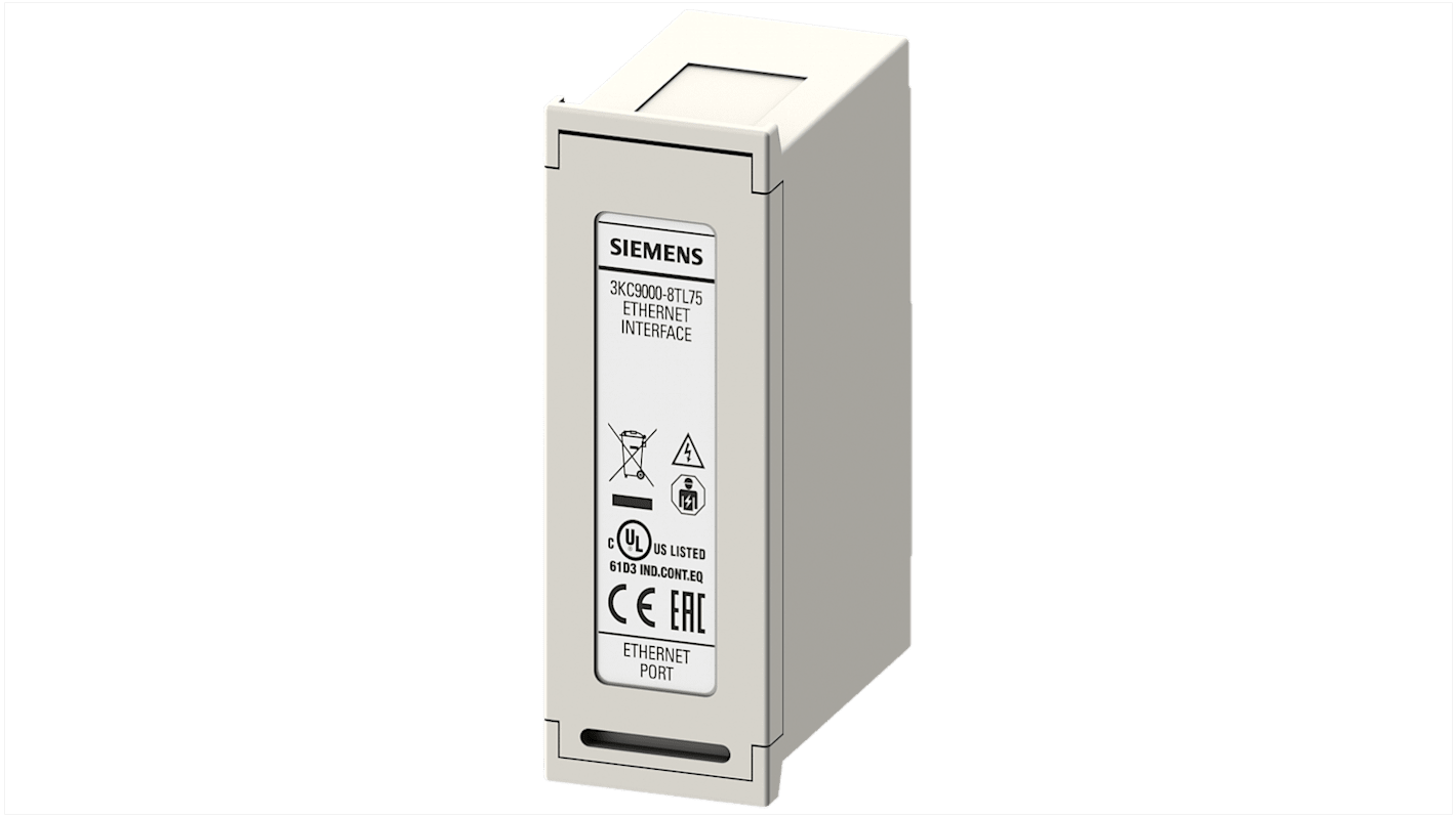 Sezionatore portafusibili Siemens Sentron 3KC9, modello 3KC9000-8TL75, con interfaccia Ethernet e approvazione EAC e CE.