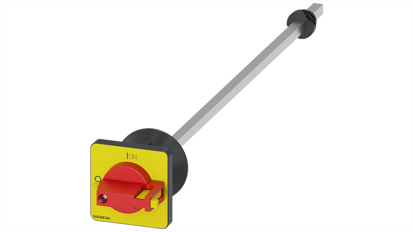 Siemens 3LD9343-5CA, meccanismo rotante giallo per accoppiamento porta, dimensioni 48x48 mm, montaggio su piastra frontale.