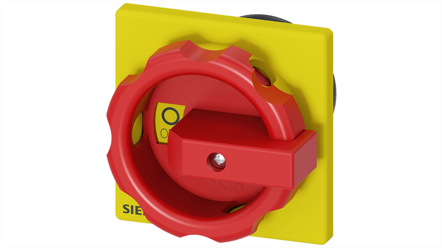 Manopola rotante Siemens 3LD9344-3C in rosso/giallo per sezionatore di carico, montaggio su piastra 66x66 mm, foro centrale 22,5 mm.