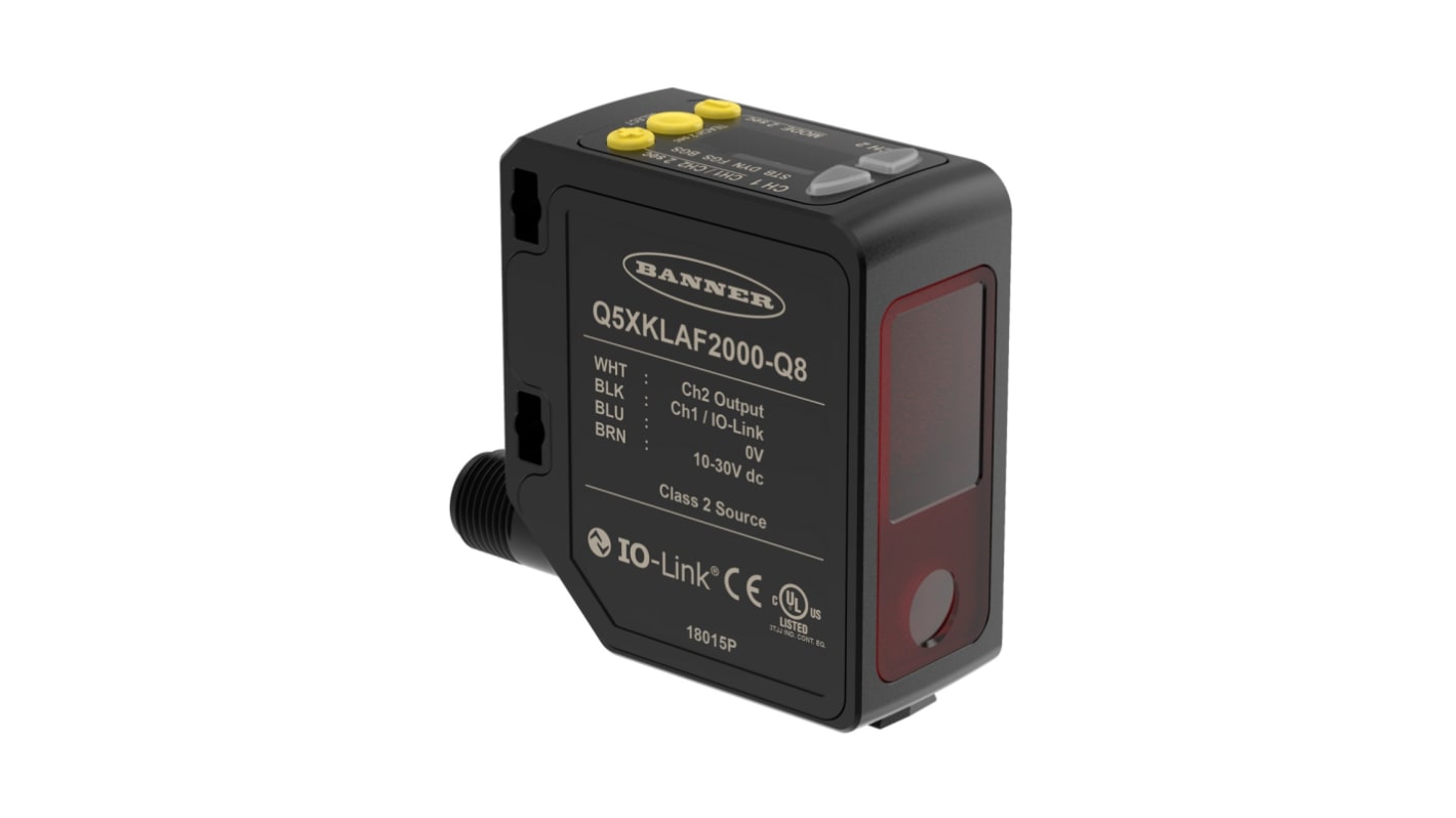Sensore fotoelettrico rettangolare Banner Q5XKLAF2000-Q8-JAM, rilevamento da 95 a 2000 mm, uscita multifunzione PNP/NPN.