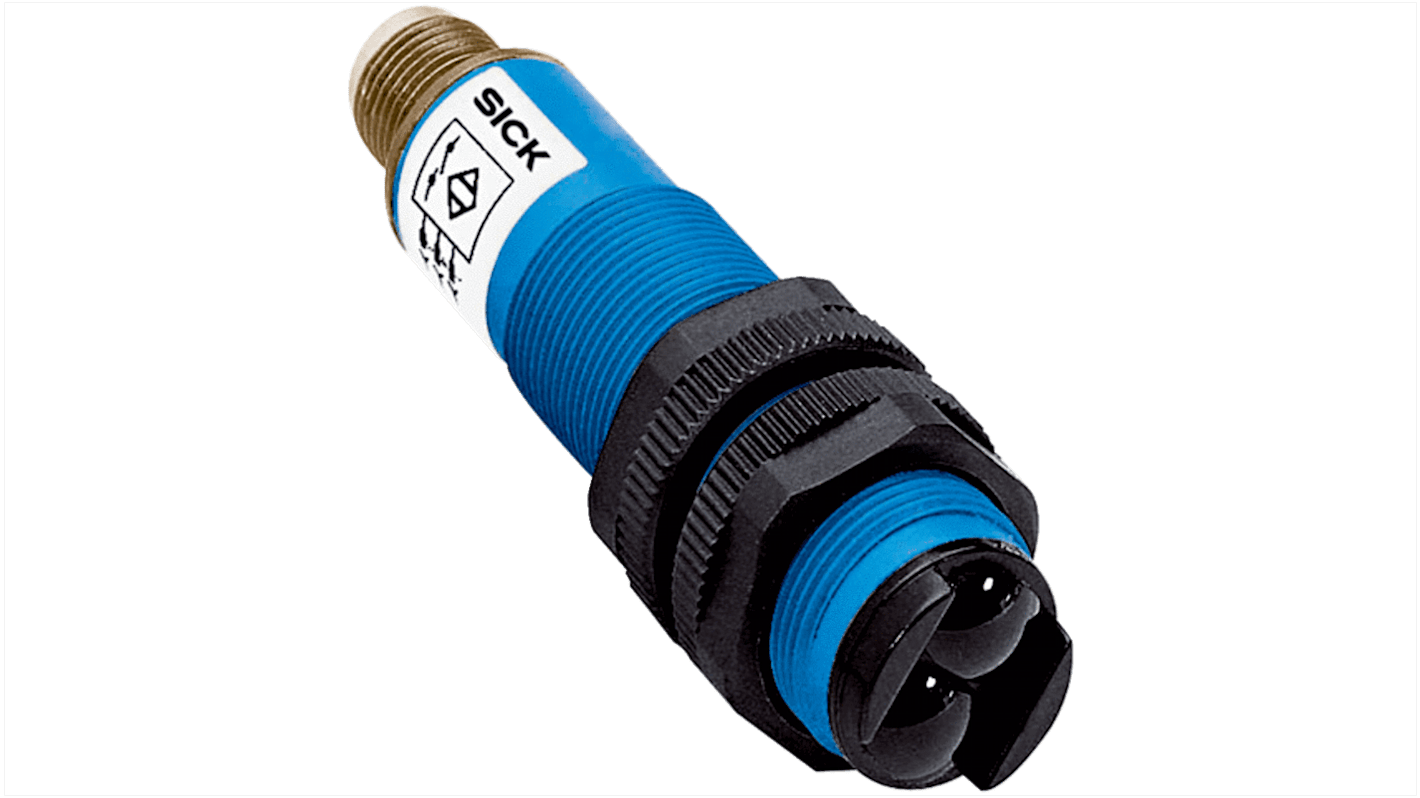 Sensore fotoelettrico cilindrico Sick VTE18-4P2740, rilevamento 3200 mm, uscita PNP, montaggio su cavo, grado di protezione IP67.