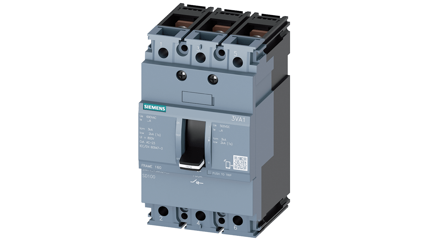 Sezionatore interruttore Siemens 3VA1116-1AA32-0AA0, 3 poli, corrente 160A, protezione IP40, potenza 22kW.