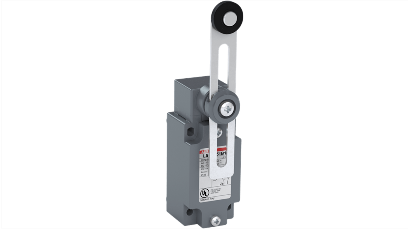 Interruttore di fine corsa ABB, attuatore a rullo, IP66, 10A, 600V, con leva regolabile Ø22 mm e 4 fori di montaggio.