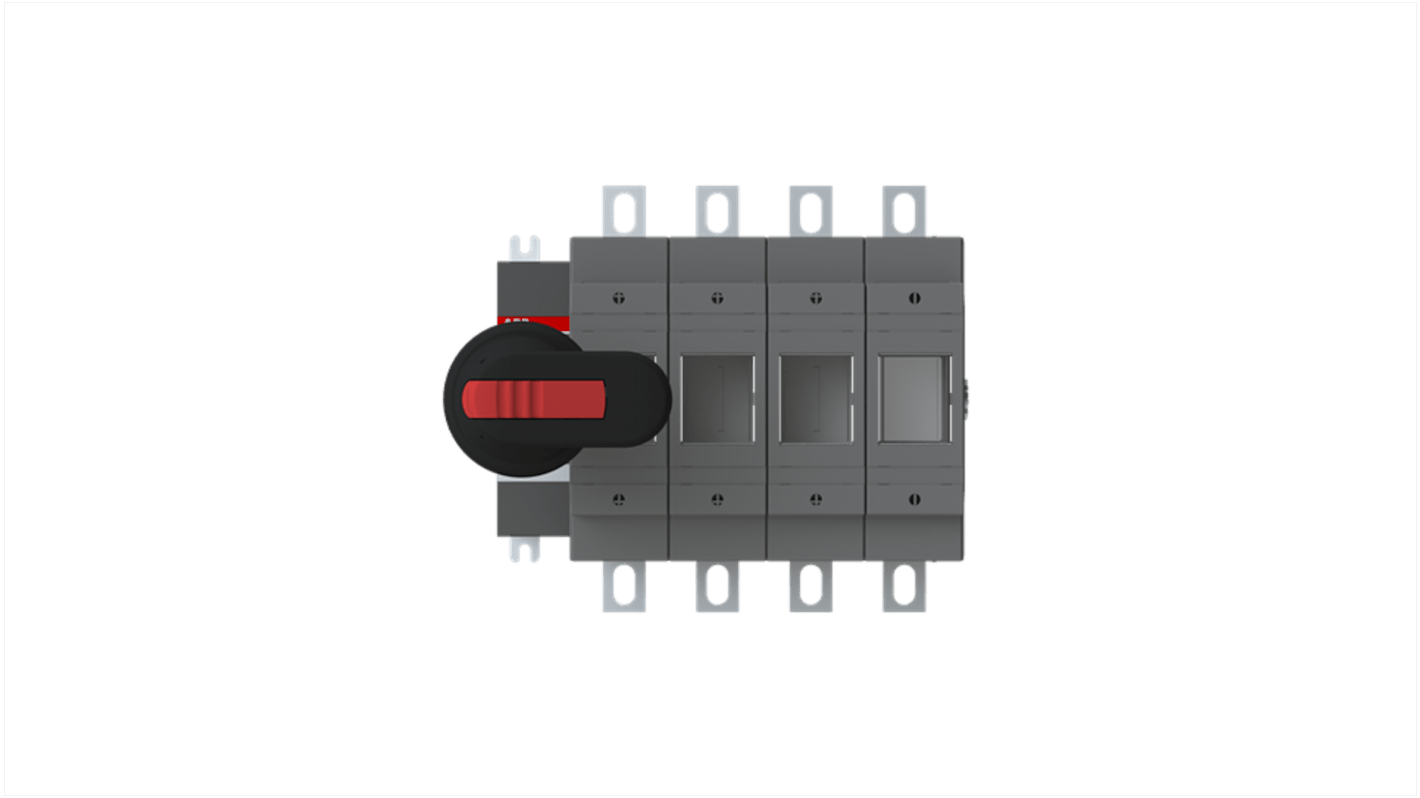 Sezionatore portafusibili ABB, 4 poli, 200A, 500V, con fusibili ad azionamento frontale e impugnatura inclusa.