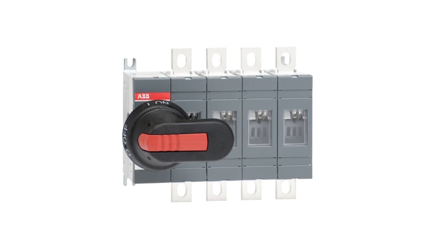 Sezionatore ABB OT200E04P a 4 poli, corrente 200A, montaggio su base, protezione IP65, colore nero.