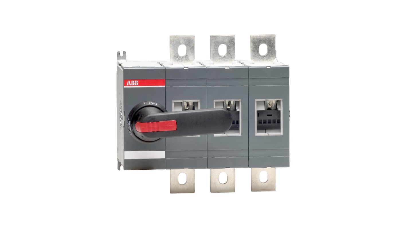 Sezionatore interruttore ABB OT630E03P, 3 poli, 630A, montaggio su base, grado di protezione IP65, dimensioni 140mm x 266mm x 250mm.