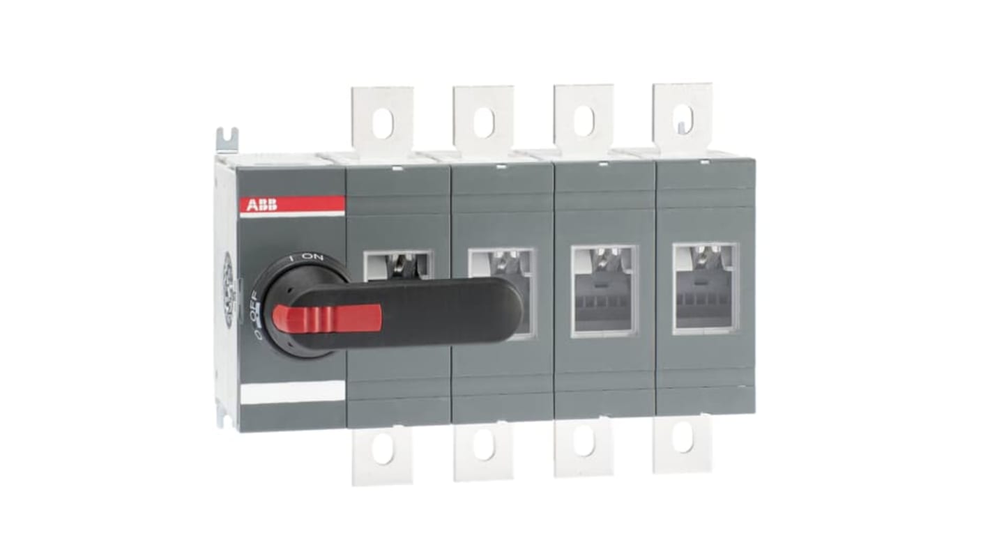 Sezionatore interruttore ABB OT800E04P, 4 poli, 800A, montaggio su base, protezione IP65, colore nero.