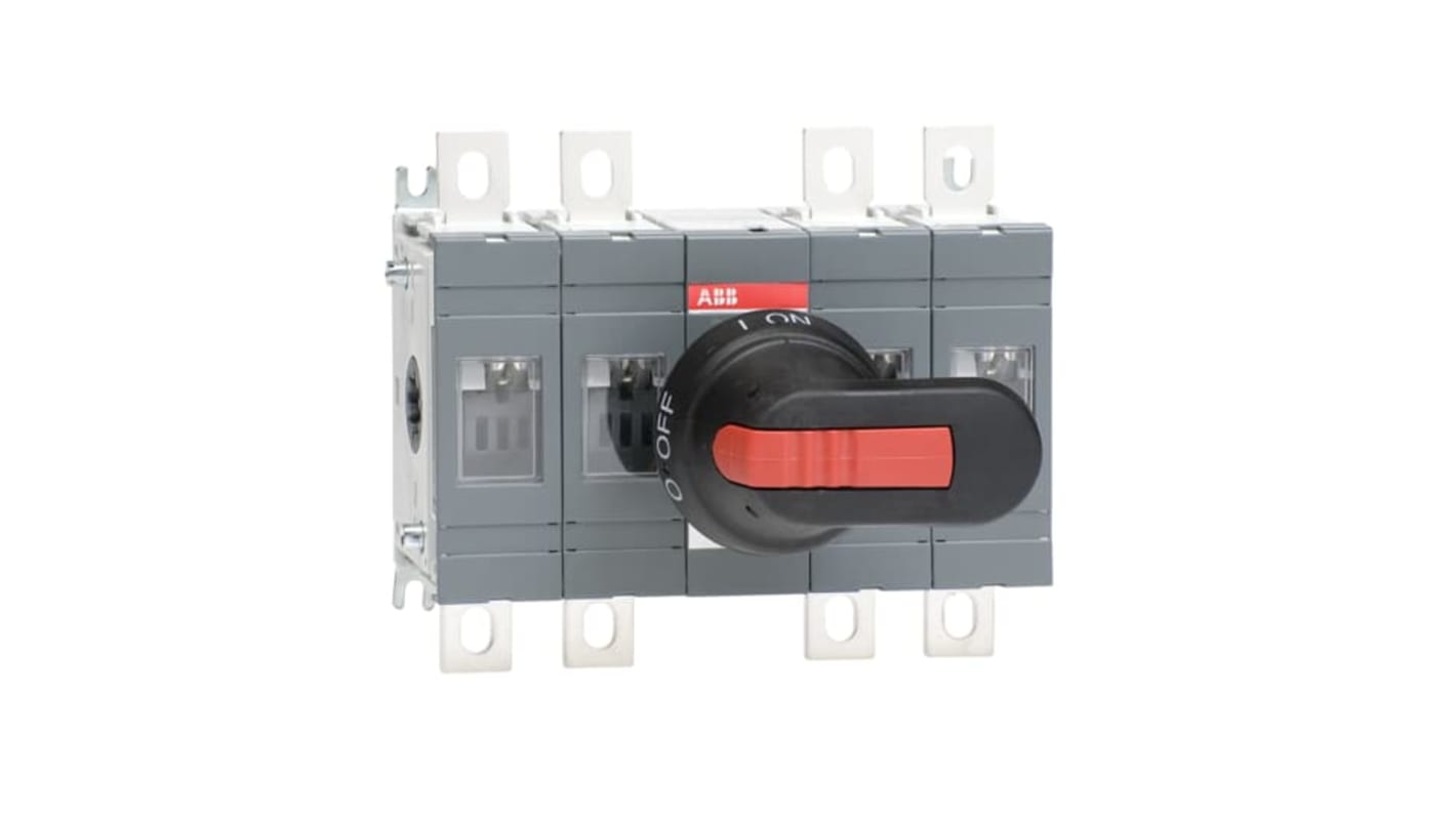 Sezionatore interruttore ABB OT200E22P, 4 poli, 200A, IP65, montaggio su base, maniglia nera inclusa.