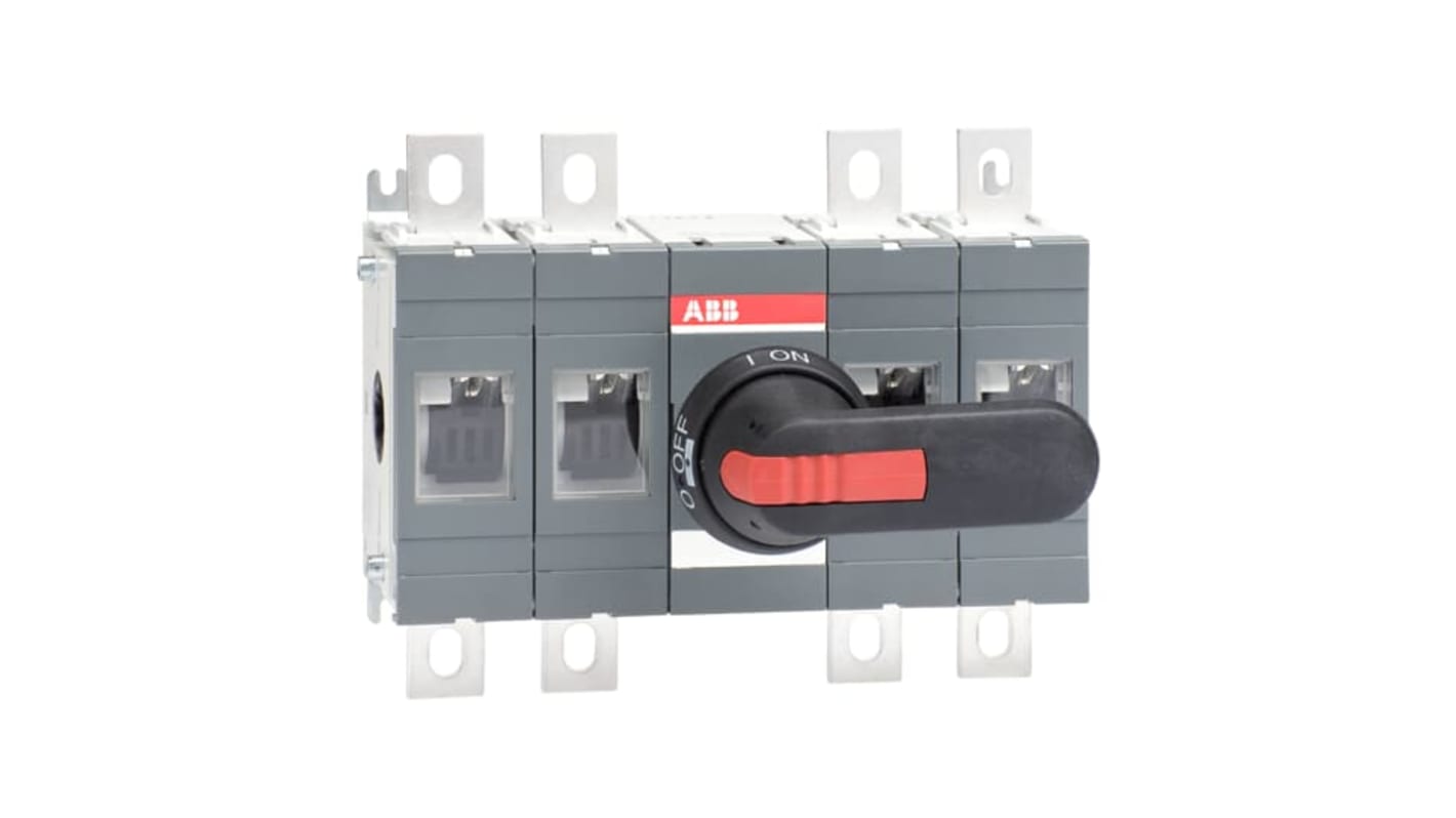 Sezionatore ABB OT400E22P a 4 poli, corrente 400A, grado di protezione IP65, maniglia nera inclusa.