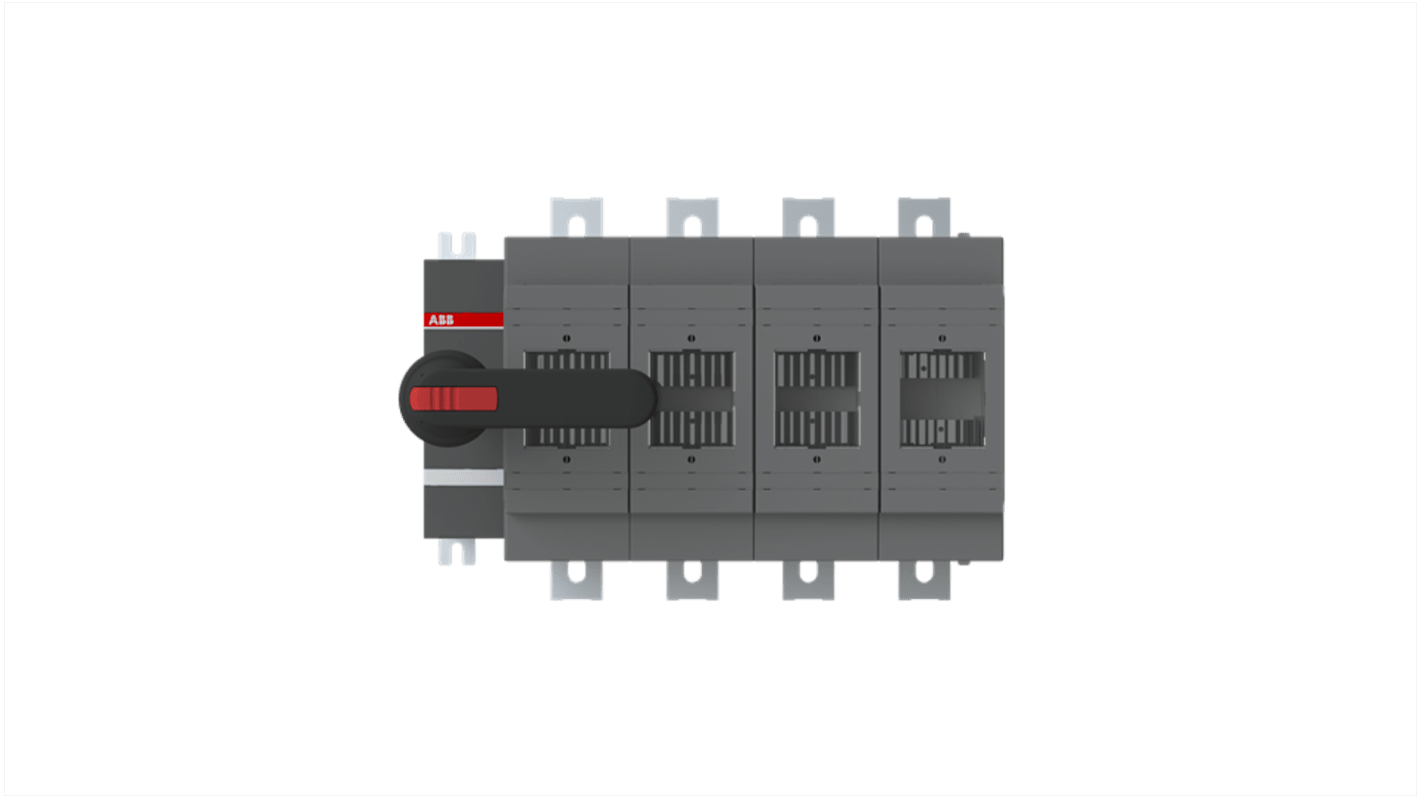 Sezionatore portafusibili ABB 630A, 4 poli, tensione 500V, con fusibili ad azionamento frontale e impugnatura inclusa.