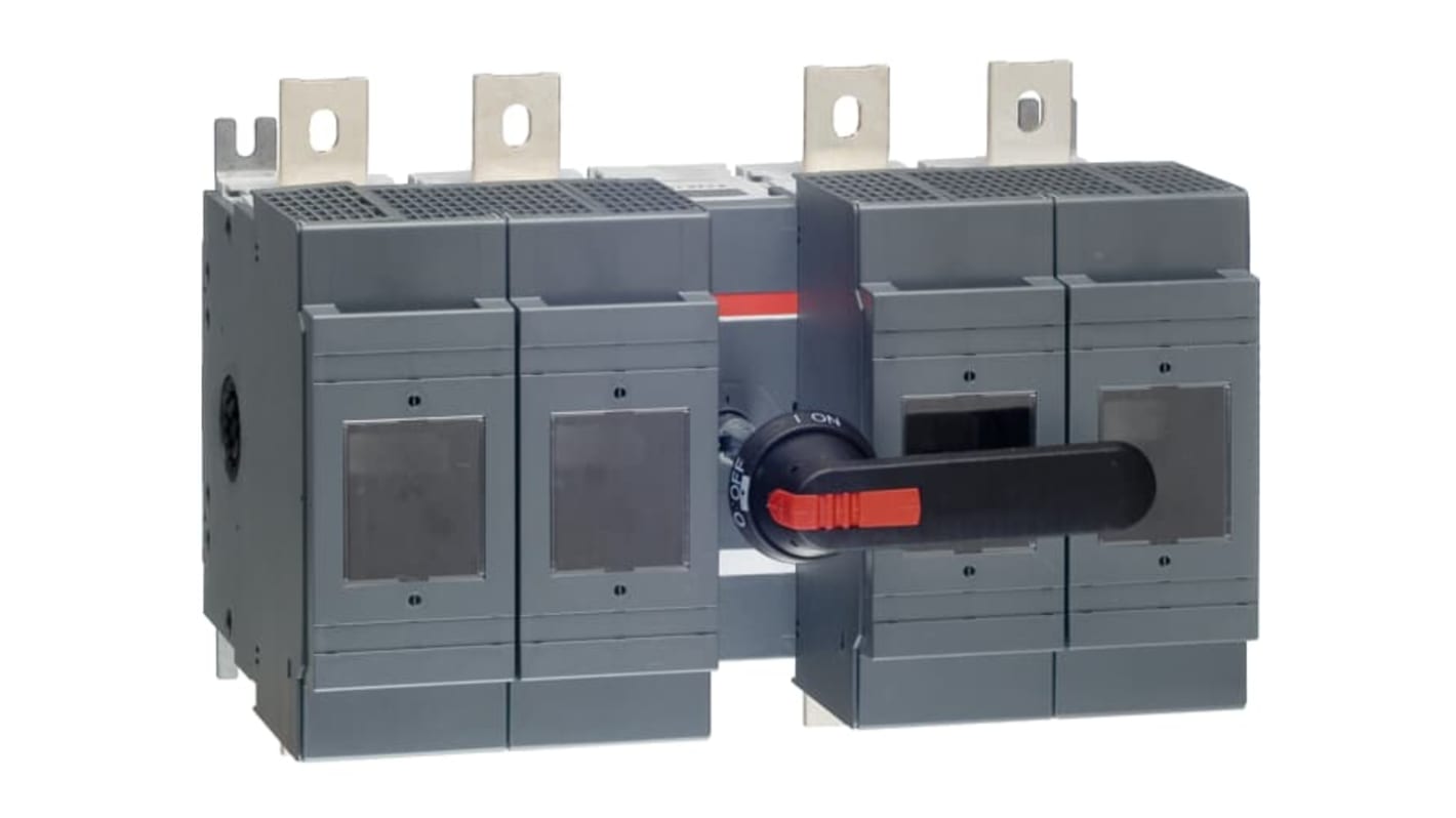 Sezionatore portafusibili ABB, 4 poli, 800A, 500V, con impugnatura e albero, per installazione sicura e affidabile.