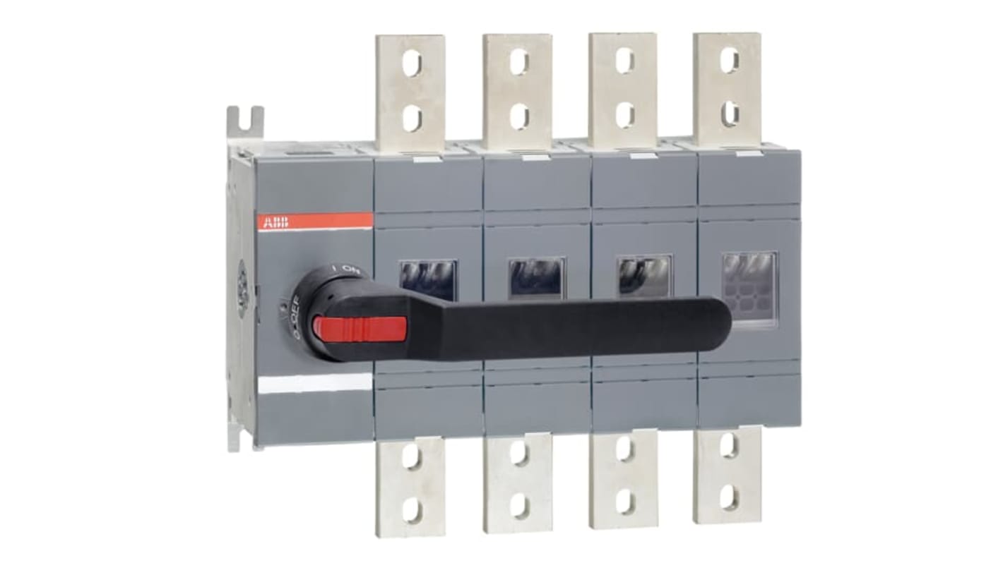 Sezionatore ABB 1SCA022860R6740 OT1600E04P a 4 poli, corrente 1000A, grado di protezione IP65, montaggio su base OT1600E04P.