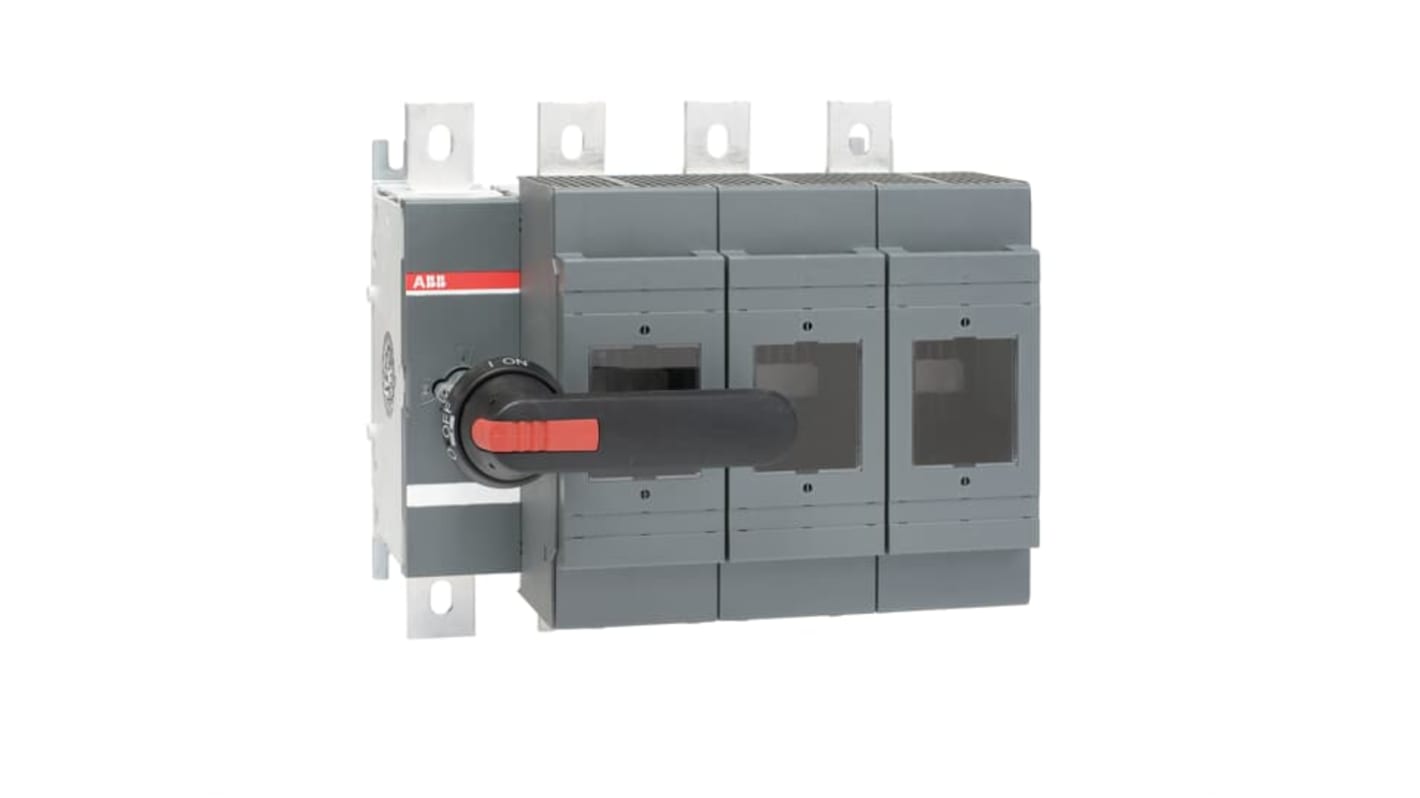 Sezionatore portafusibili ABB 630A, 4 poli, tensione 500V, con fusibili ad azionamento frontale e collegamento neutro rimovibile.
