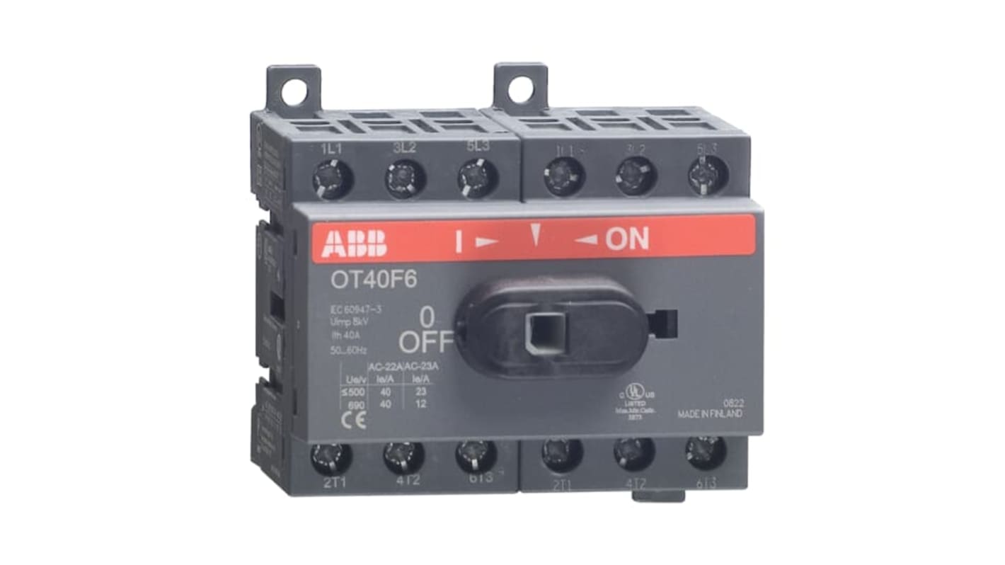 Sezionatore con interruttore ABB OT25F6, 6 poli, montaggio su base, corrente 25A, grado di protezione IP20.