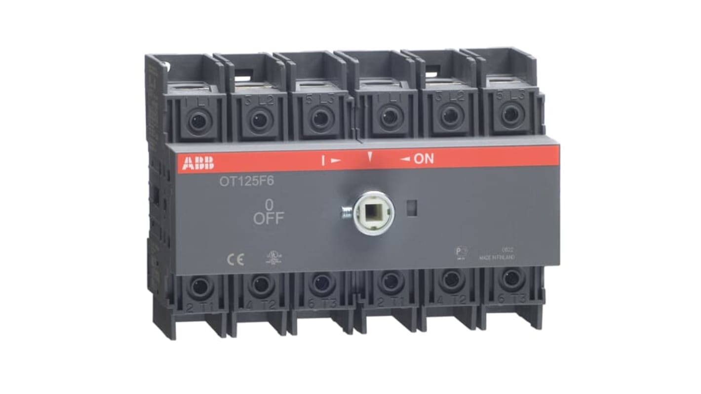 Sezionatore con interruttore ABB OT125F6, 6 poli, corrente 125A, montaggio su base OT, grado di protezione IP20.