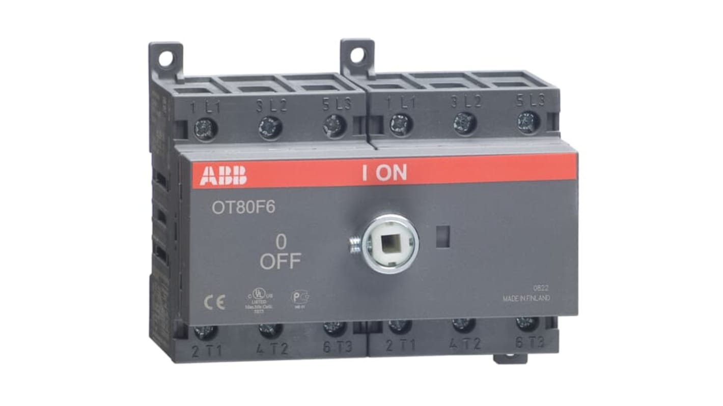 Sezionatore con interruttore ABB OT80F6, 6 poli, corrente massima 80A, montaggio su base OT, grado di protezione IP20.
