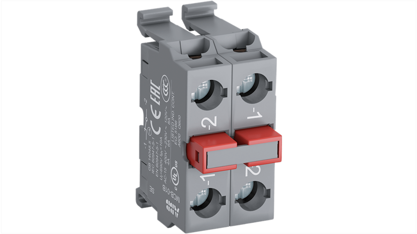 Blocco contatti ABB MCB-02B, 2 NA + 2 NC, tensione 690V, terminale a vite, compatibile con MP1-4 e MPD.