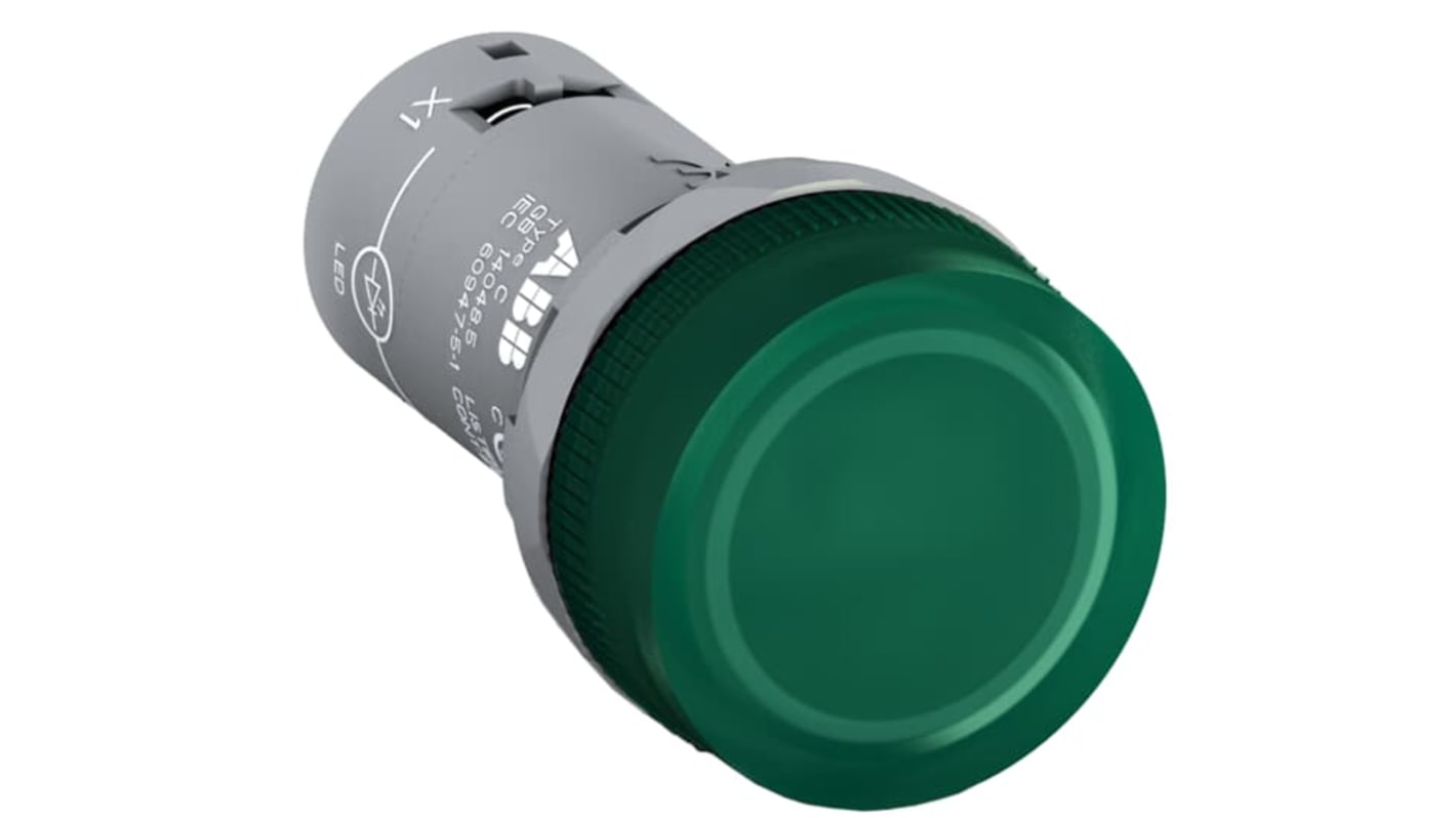 Spia verde ABB CL-100G, forma rotonda, diametro foro 22mm, grado di protezione IP66, materiale plastico. Codice 1SFA619402R1002.