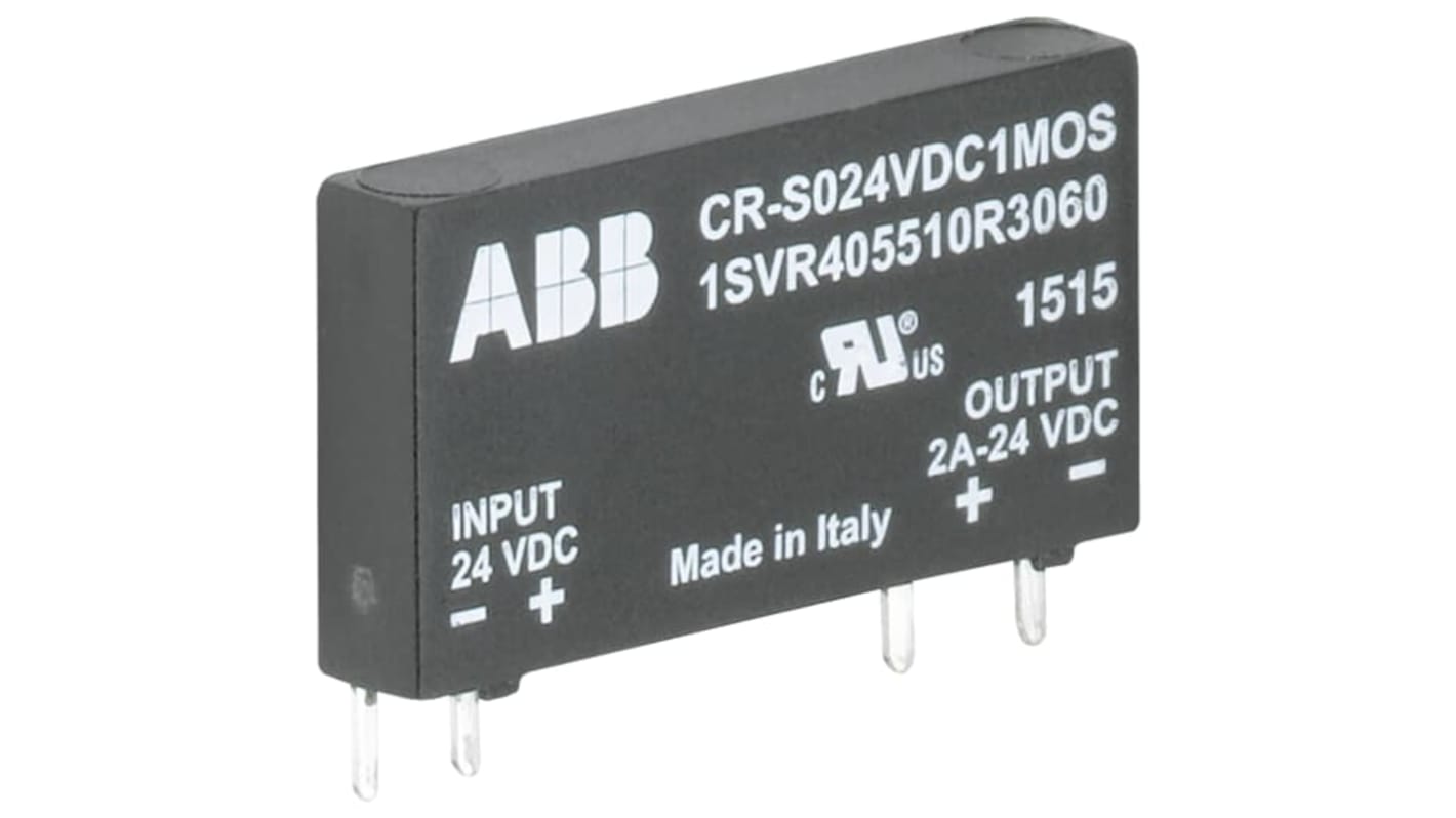Relè a stato solido ABB, 24 V CC, uscita 240 V CA, montaggio su PCB, dimensioni 15 x 5 x 28 mm, colore nero.