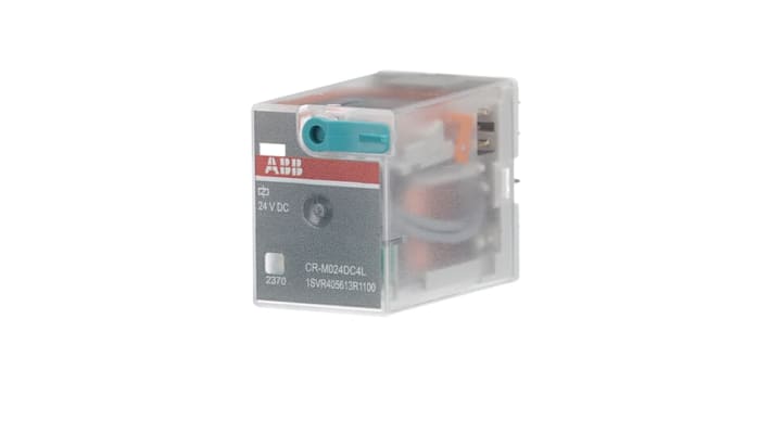 Relè d'interfaccia ABB CR-M024DC4L, 4 contatti SPDT, montaggio su guida DIN, 24V cc, dimensioni 35.6 x 27.5 x 21.2 mm.