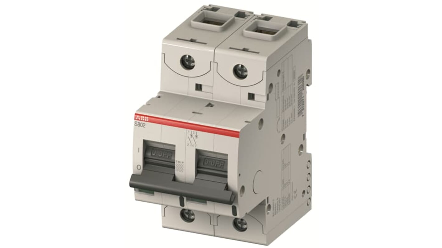 Interruttore magnetotermico ABB S802S-C2, 2 poli, 2A, Tipo C, montaggio su guida DIN, capacità di interruzione 6kA.